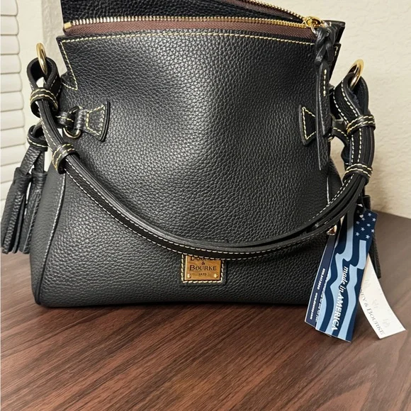 NEW! Dooney & Bourke Black Leather Tassel. Shoulder Bag with Gold Accents - Picture 6 of 9